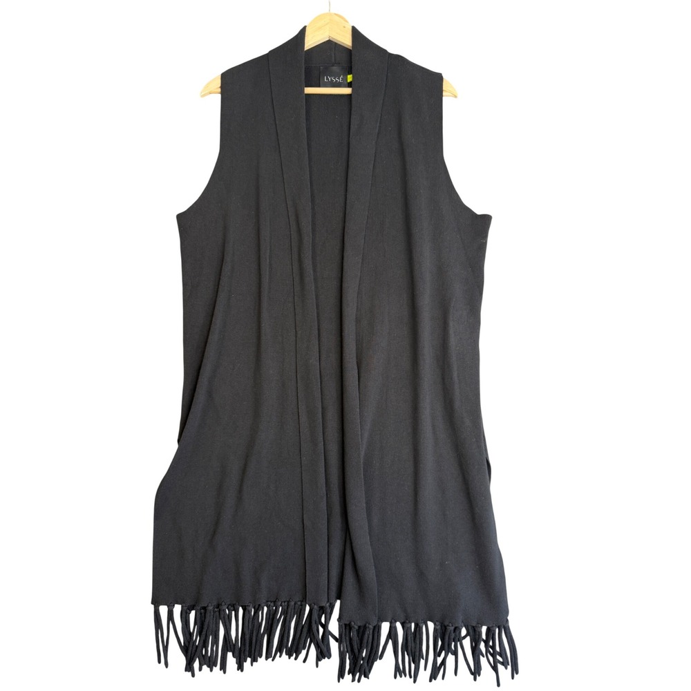 Lysse Sleeveless Longline Fringe Cardigan Vest Womens S/M Black Open Minimalist